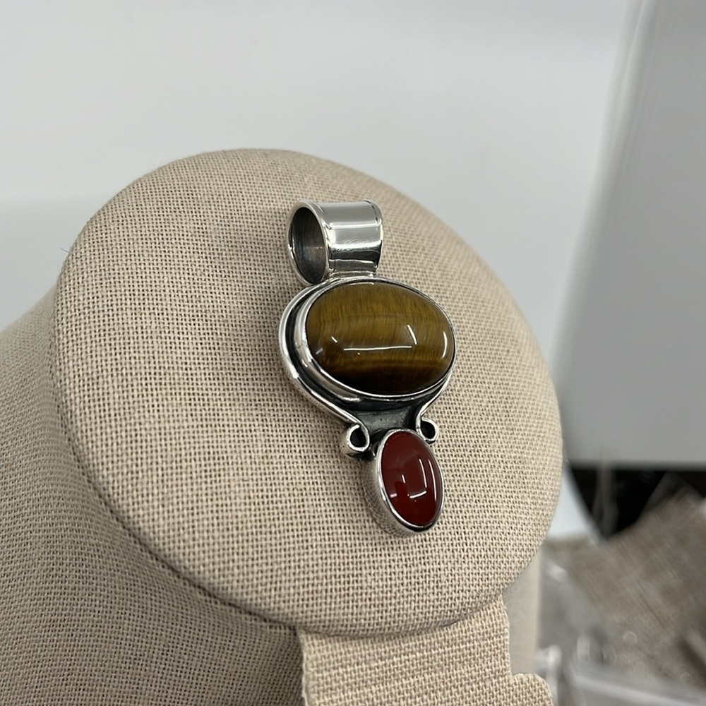 Vintage CII Mexico 925 Sterling Tiger's Eye & Carnelian Pendant Heavy 18.4g - Picture 6 of 16